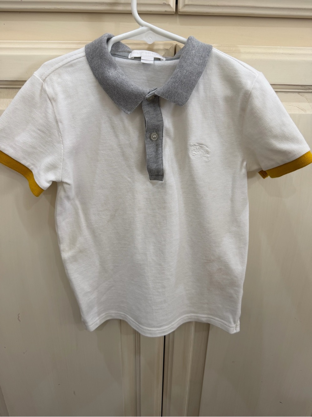 Burberry White Polo with Gray Collar and Yellow Sleeve Trim